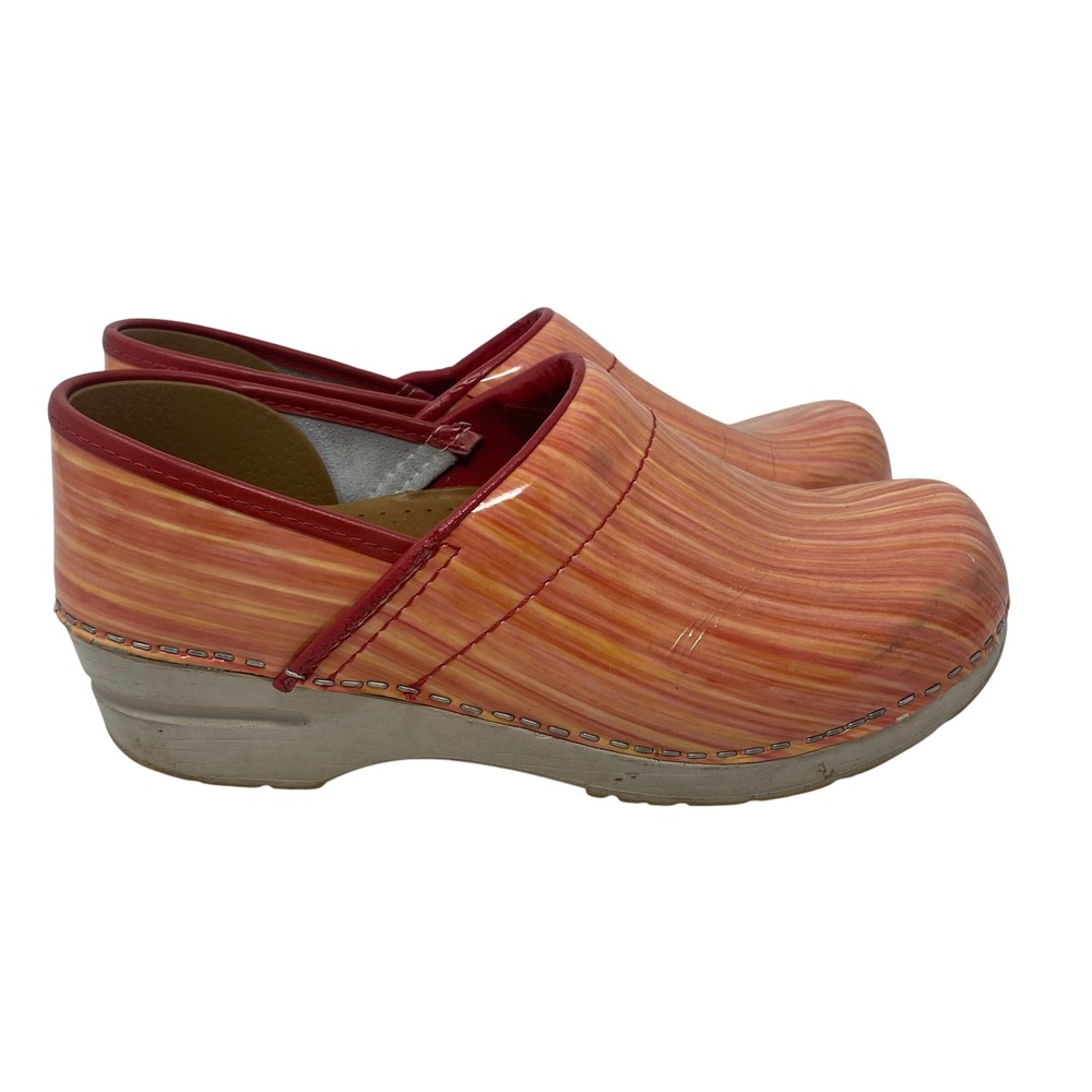 Dansko Professional Clogs Orange Red Striped Patent Leather Nursing Shoes EU 38
